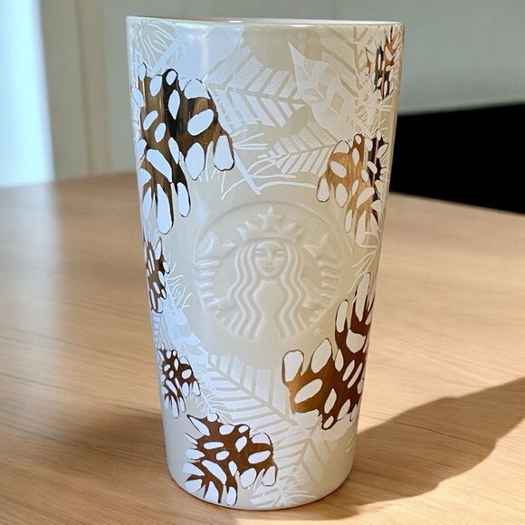 Starbucks 2020 Holiday Pinecone Ceramic Tumbler with Leaf Design 12 oz. - Picture 1 of 11